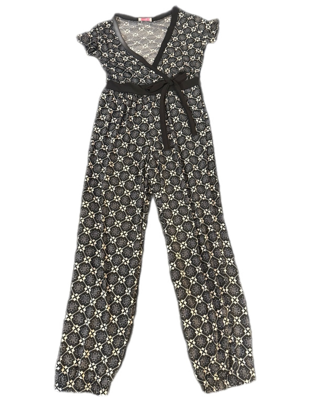 Black & White Patterned Wrap Jumpsuit with Waist Tie
